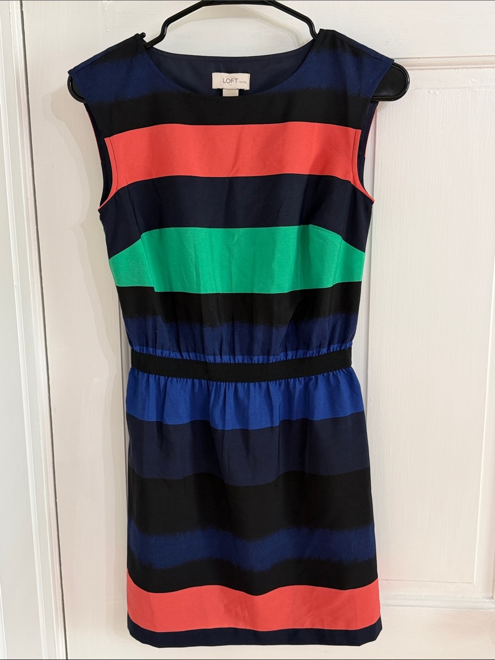 LOFT Sleeveless Striped Mini Dress in Navy, Black, Coral & Green
